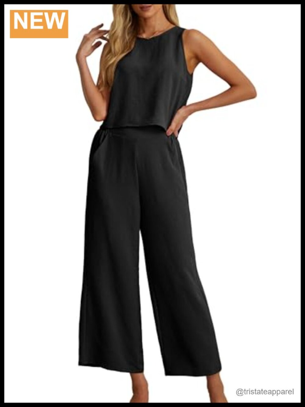 Women's 2 Piece Outfit Sleeveless Crop Top Wide Leg Pants Set Polyester